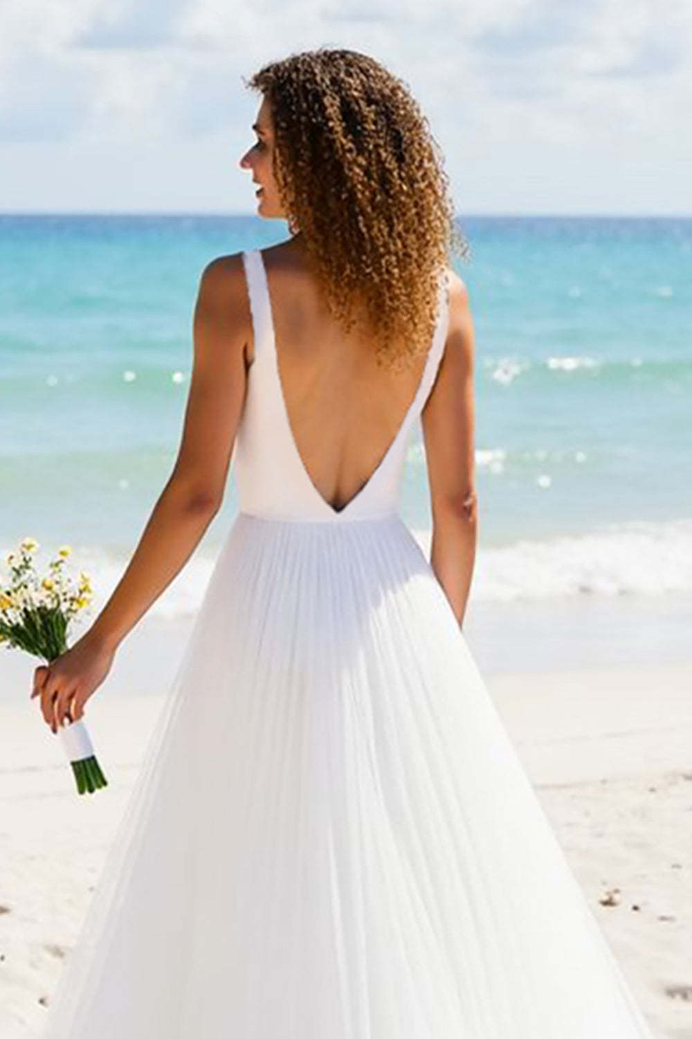 A Line Tulle Ivory V-Neck Backless Sweep Train Beach Wedding Dress