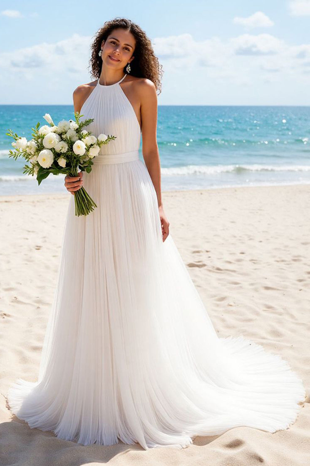 Ivory Halter A Line Tulle Backless Sweep Train Beach Wedding Dress