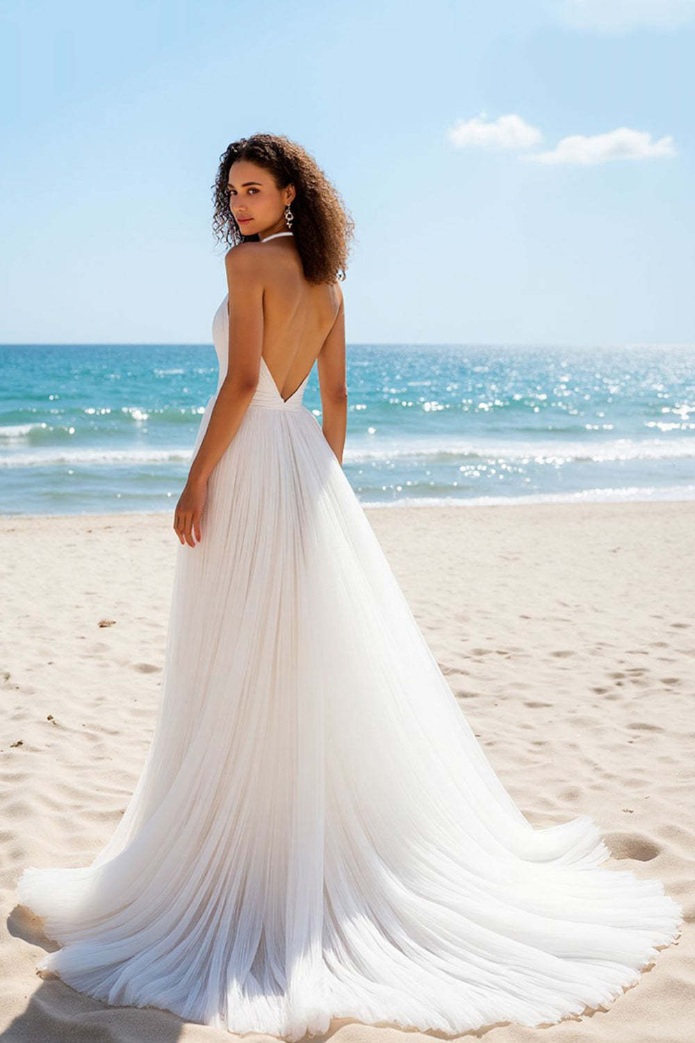 Ivory Halter A Line Tulle Backless Sweep Train Beach Wedding Dress
