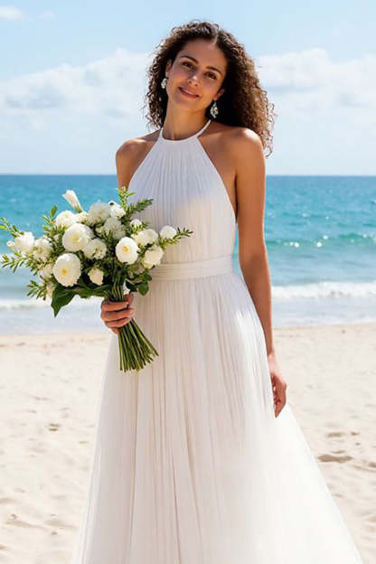Ivory Halter A Line Tulle Backless Sweep Train Beach Wedding Dress