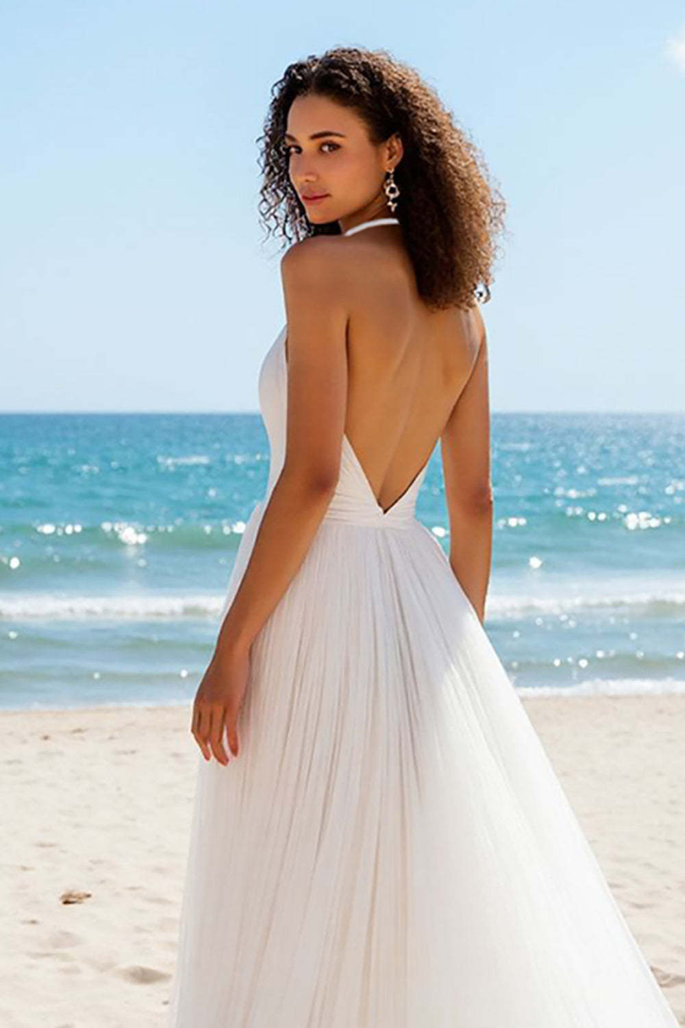 Ivory Halter A Line Tulle Backless Sweep Train Beach Wedding Dress