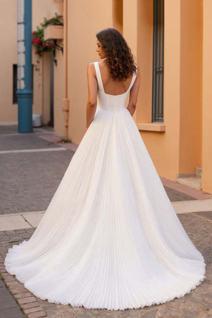 Simple Ivory A Line Square Neck Sweep Train Wedding Dress
