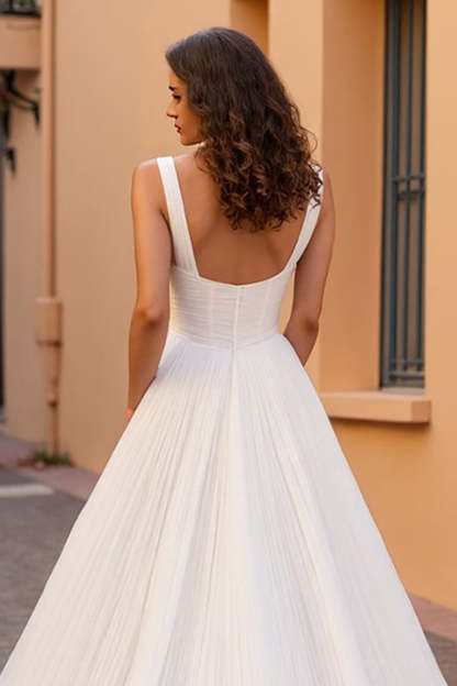 Simple Ivory A Line Square Neck Sweep Train Wedding Dress