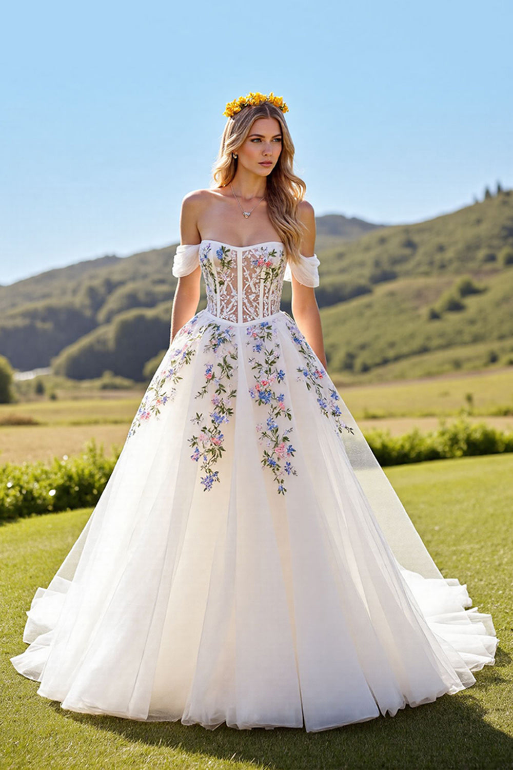 Ivory Corset Tulle Ball Gown Sweep Train Floral Wedding Dress