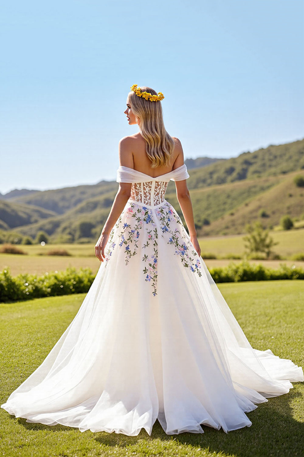 Ivory Corset Tulle Ball Gown Sweep Train Floral Wedding Dress