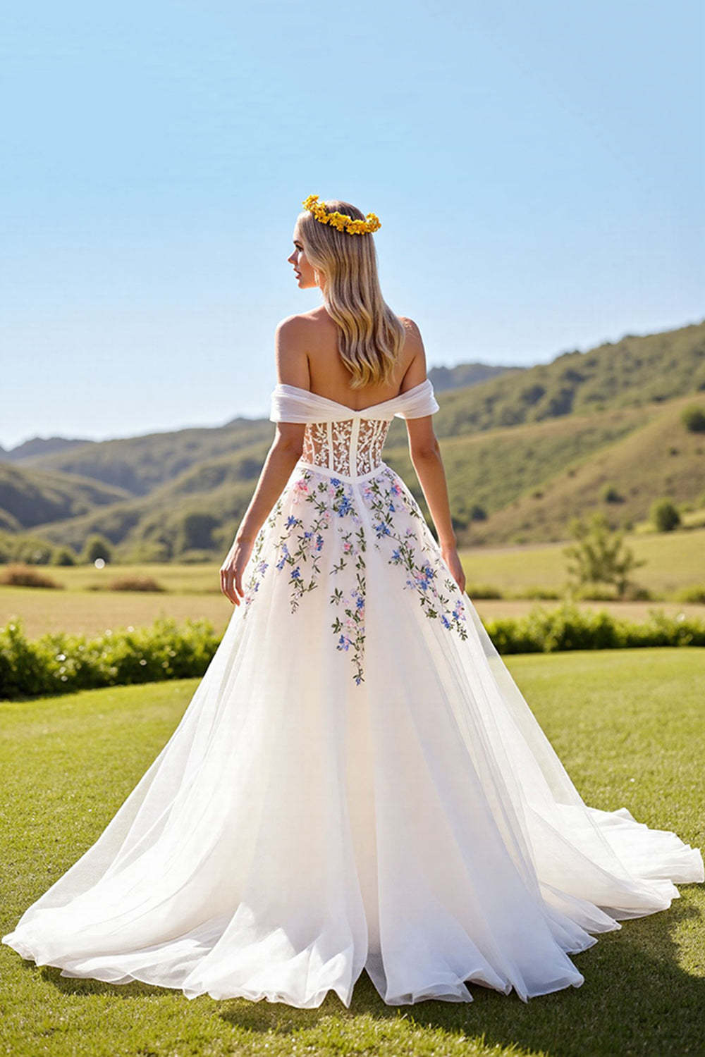 Ivory Corset Tulle Ball Gown Sweep Train Floral Wedding Dress