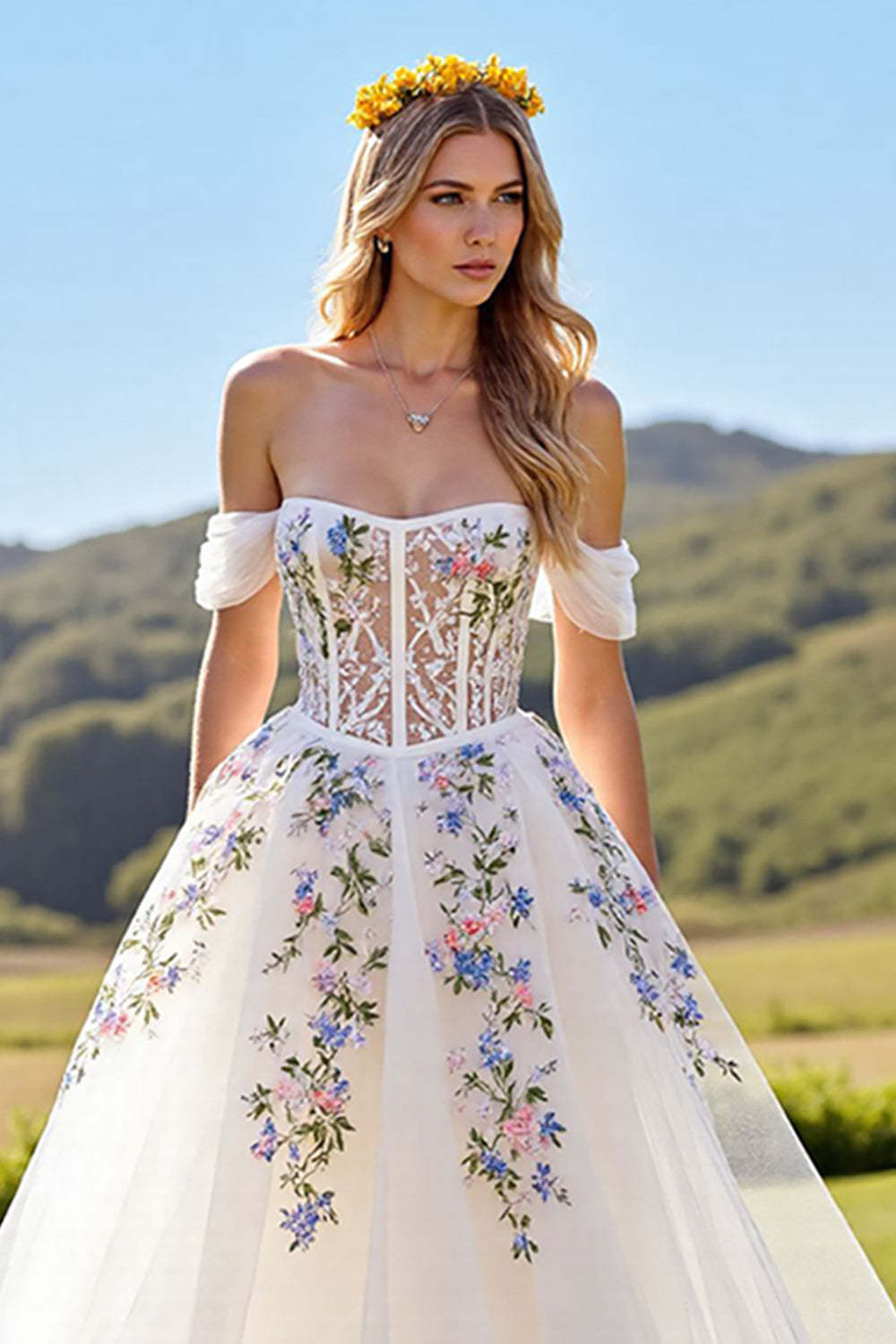 Ivory Corset Tulle Ball Gown Sweep Train Floral Wedding Dress