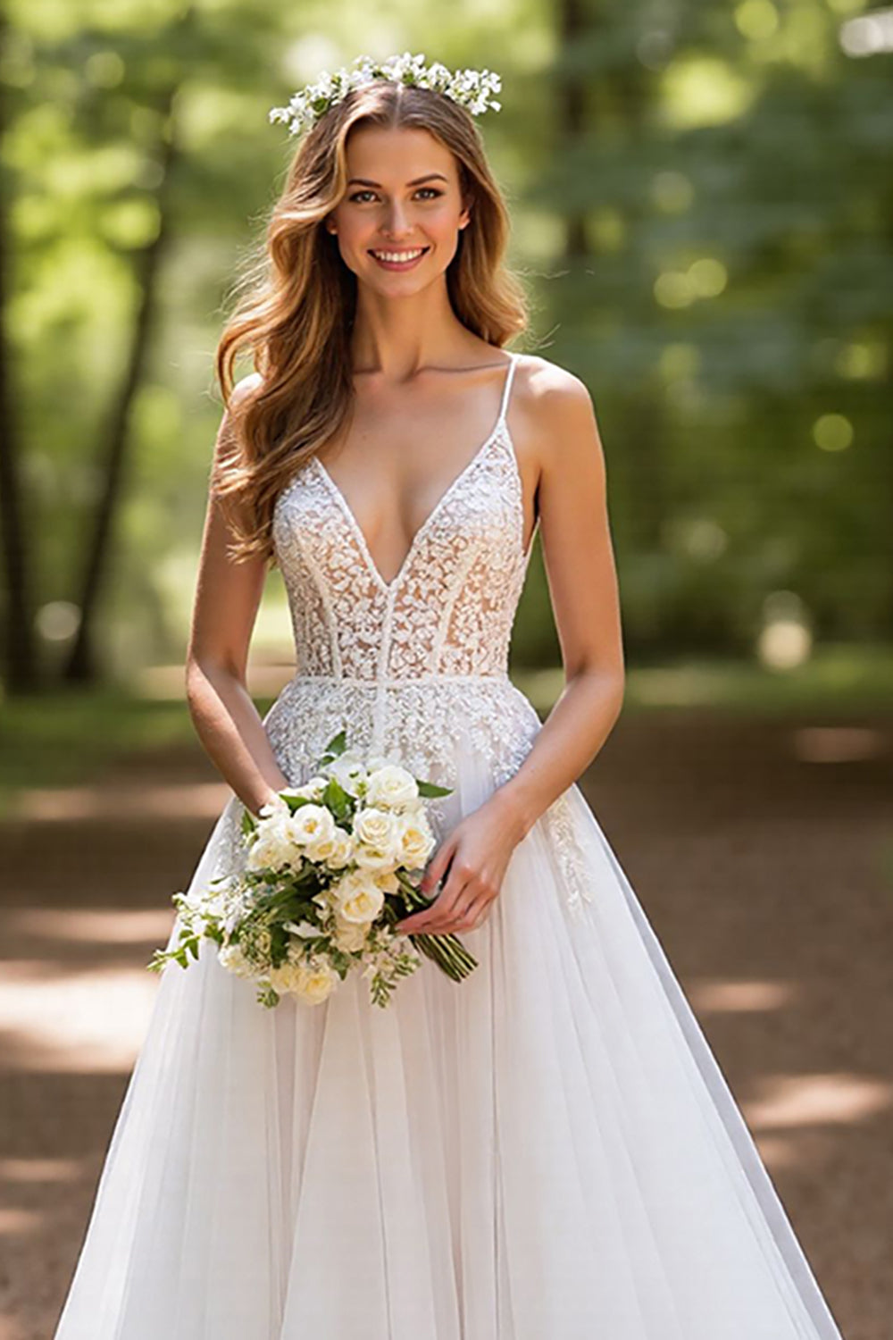 Ivory Tulle A Line Corset Sweep Train Backless Wedding Dress with Lace