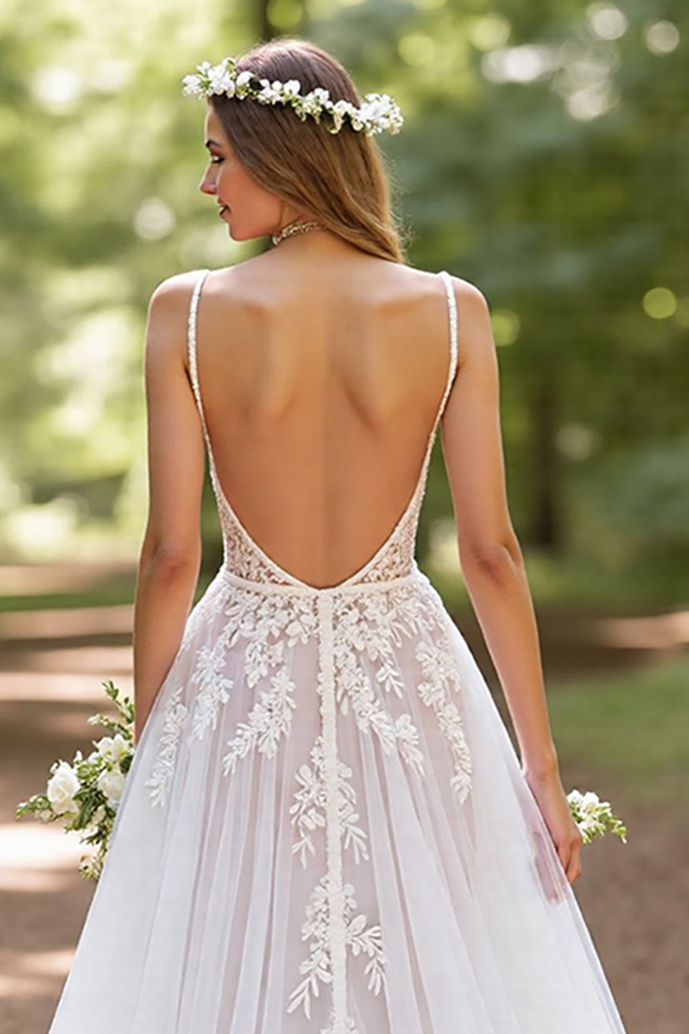 Ivory Tulle A Line Corset Sweep Train Backless Wedding Dress with Lace