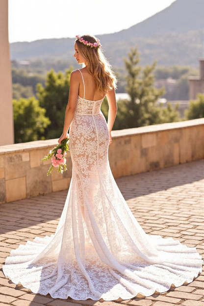Lace Mermaid Ivory Spaghetti Straps Sweep Train Boho Wedding Dress