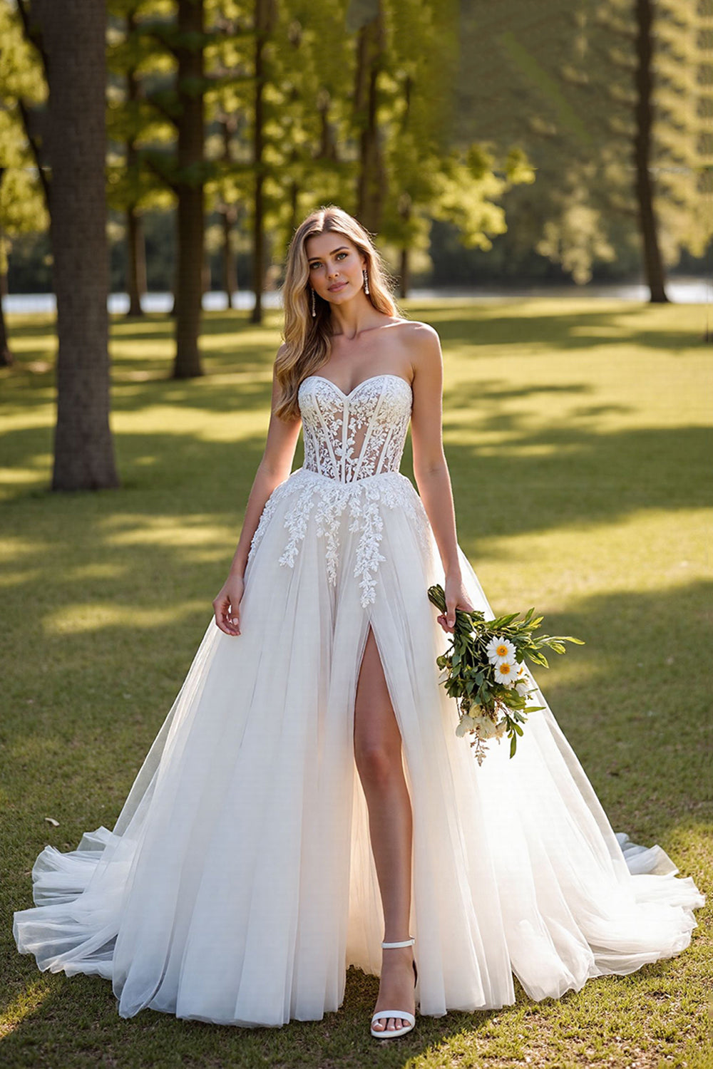 Ivory Sweetheart Corset Tulle Sweep Train Wedding Dress with Lace