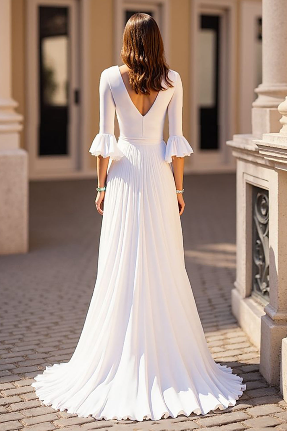 Ivory V-Neck Chiffon Half Sleeves Sweep Train Wedding Dress
