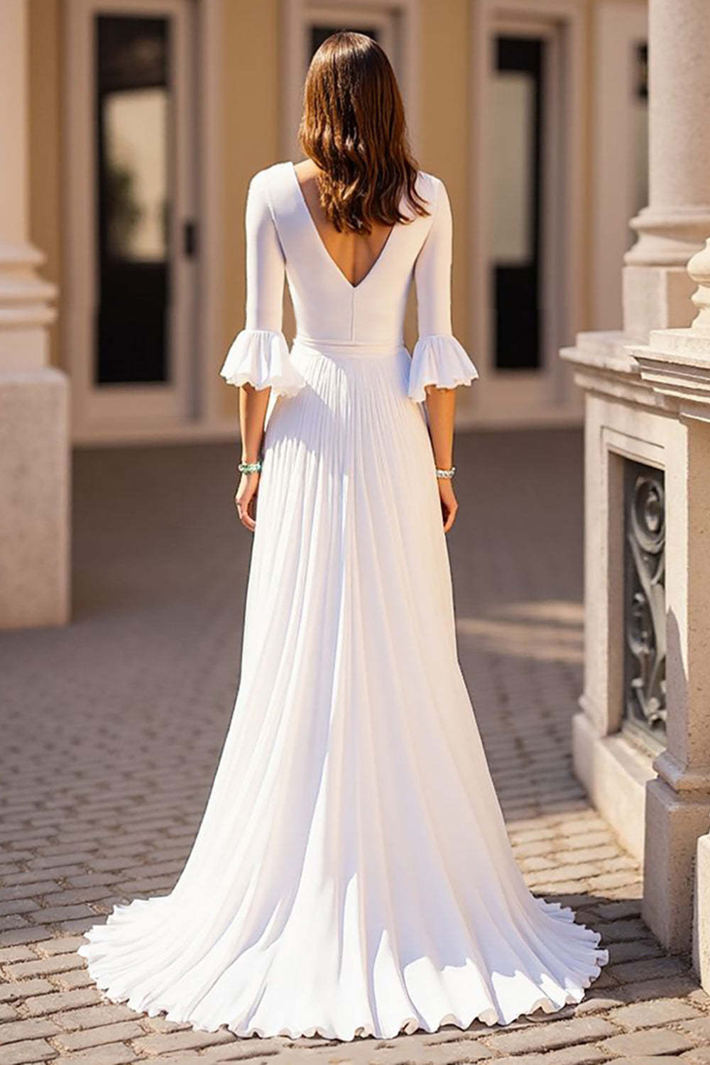 Ivory V-Neck Chiffon Half Sleeves Sweep Train Wedding Dress