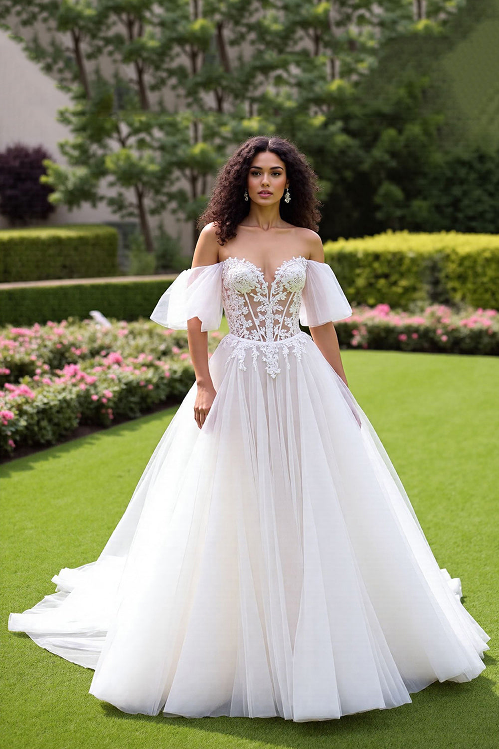 Leely Women Ivory Corset Ball Gown Tulle Wedding Dress with Lace Off the Shoulder Sweep Train Bridal Dress with Puff Sleeves