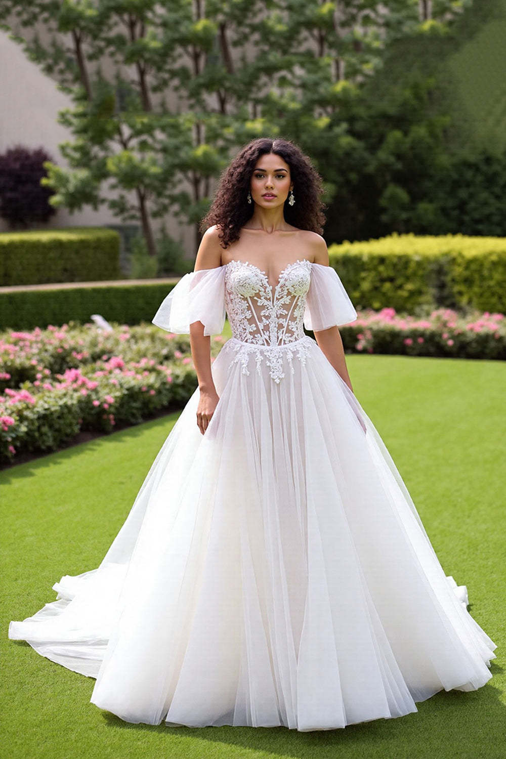 Leely Women Ivory Corset Ball Gown Tulle Wedding Dress with Lace Off the Shoulder Sweep Train Bridal Dress with Puff Sleeves