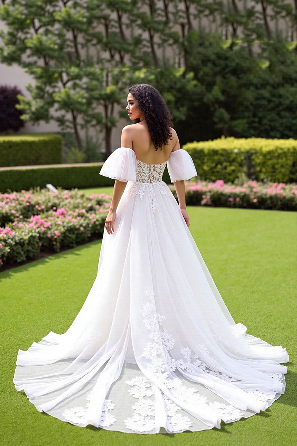 Ivory A Line Tulle Corset Sweep Train Wedding Dress with Lace