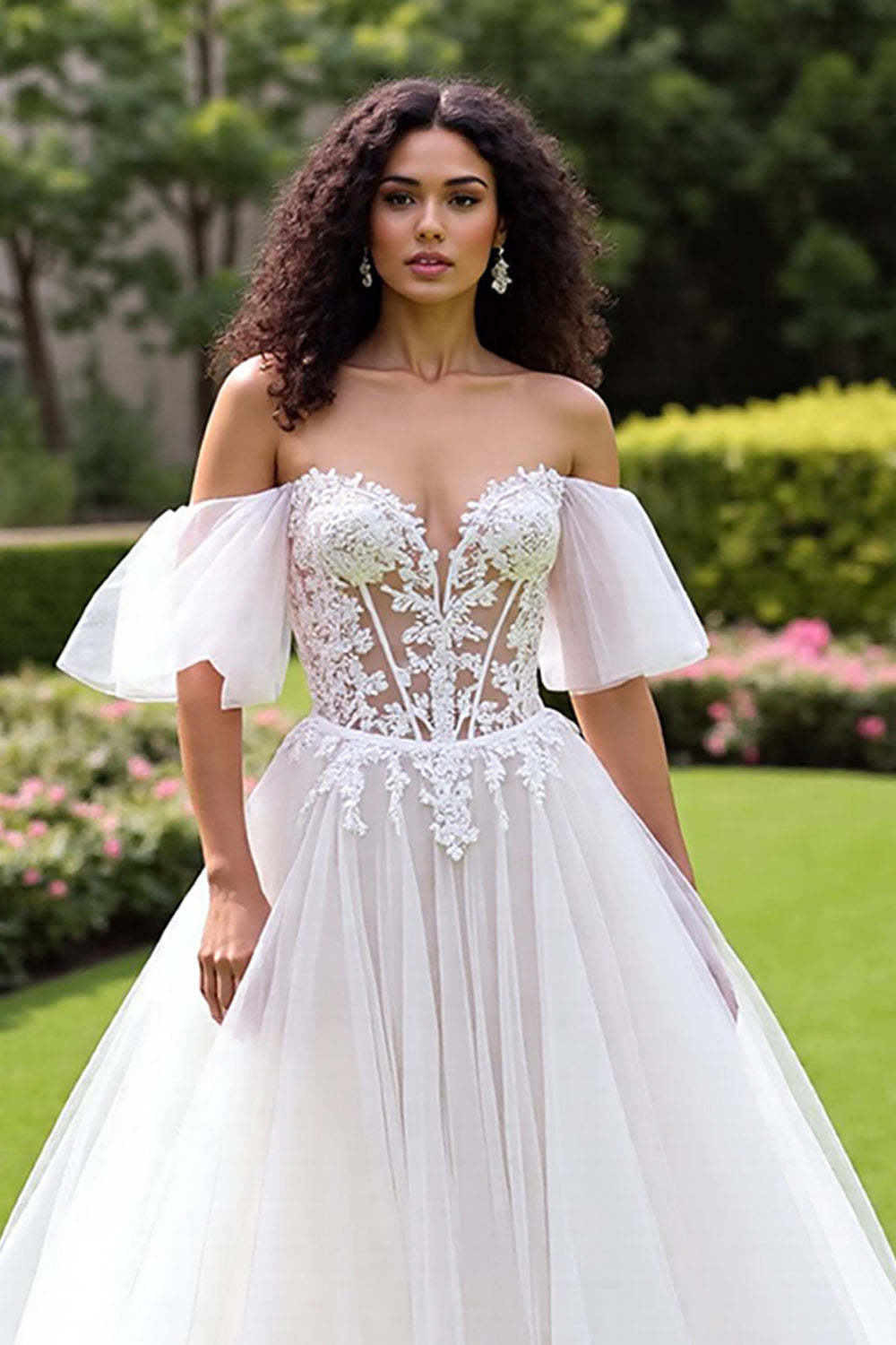 Ivory A Line Tulle Corset Sweep Train Wedding Dress with Lace