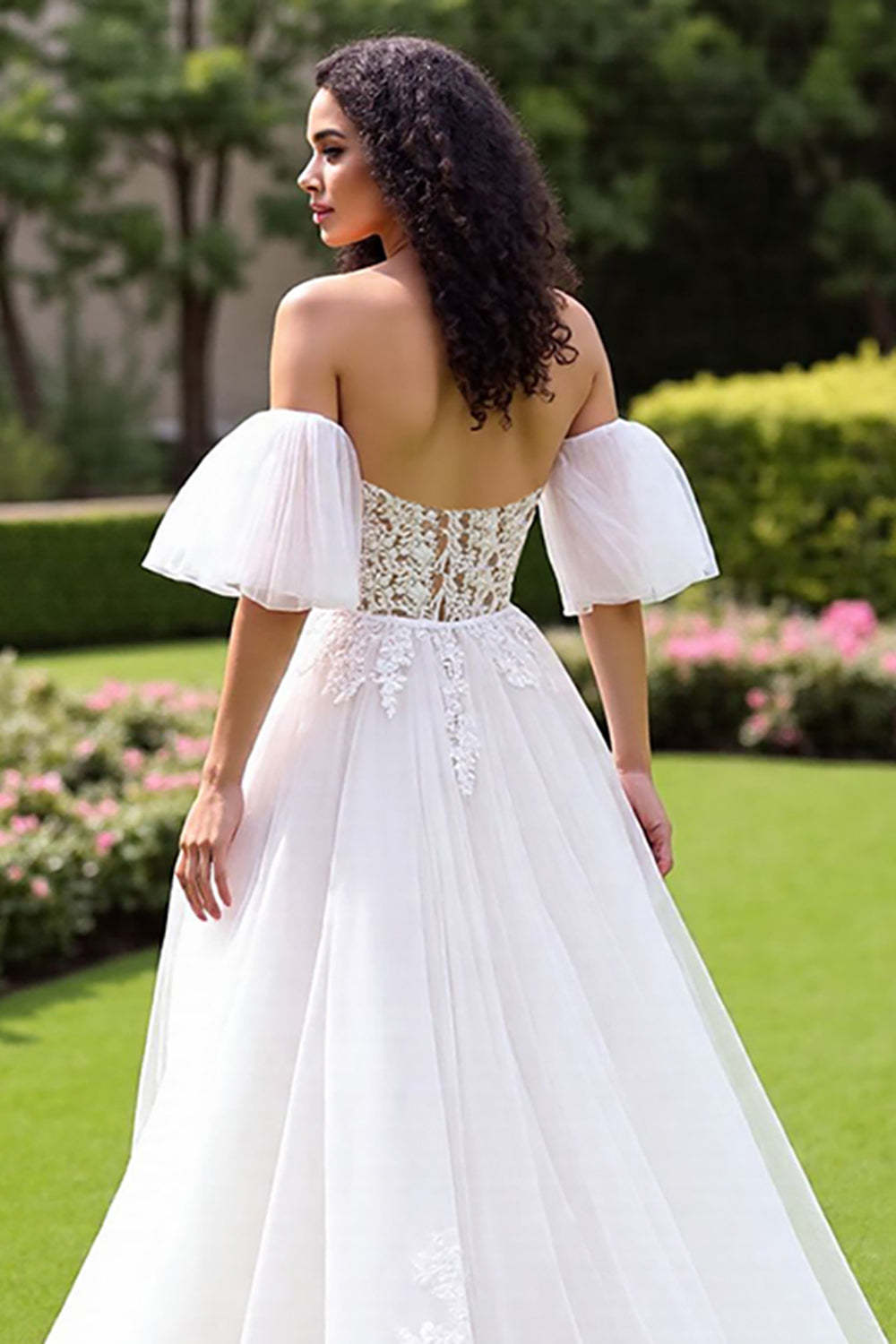 Ivory A Line Tulle Corset Sweep Train Wedding Dress with Lace