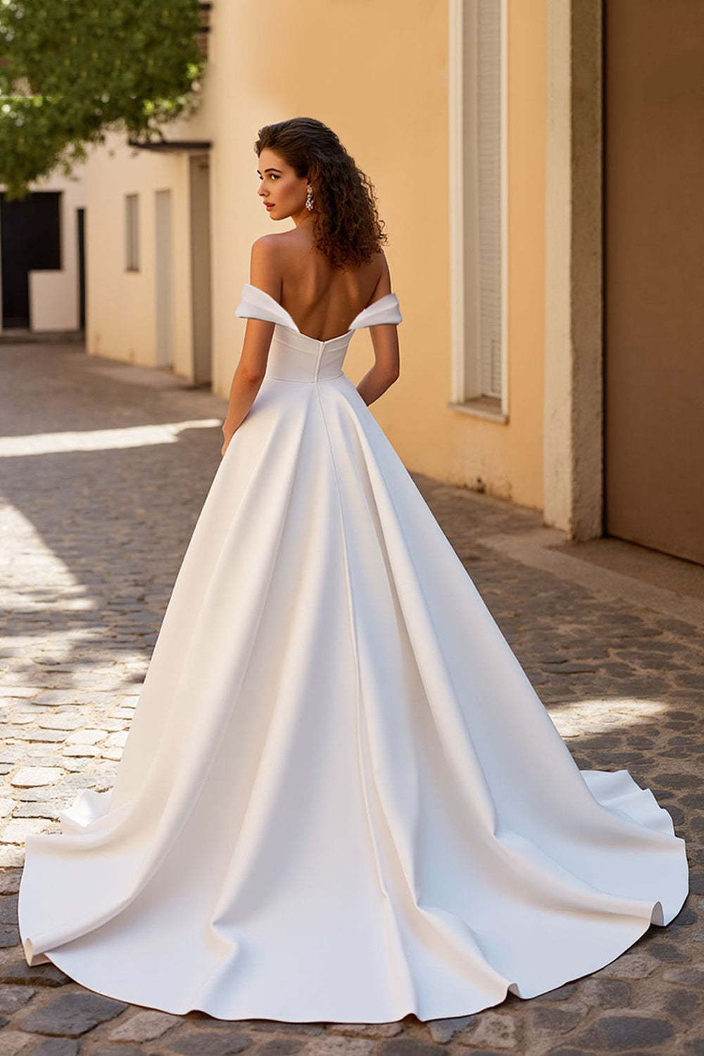 Elegant Satin Ivory Off the Shoulder A Line Sweep Train Wedding Dress