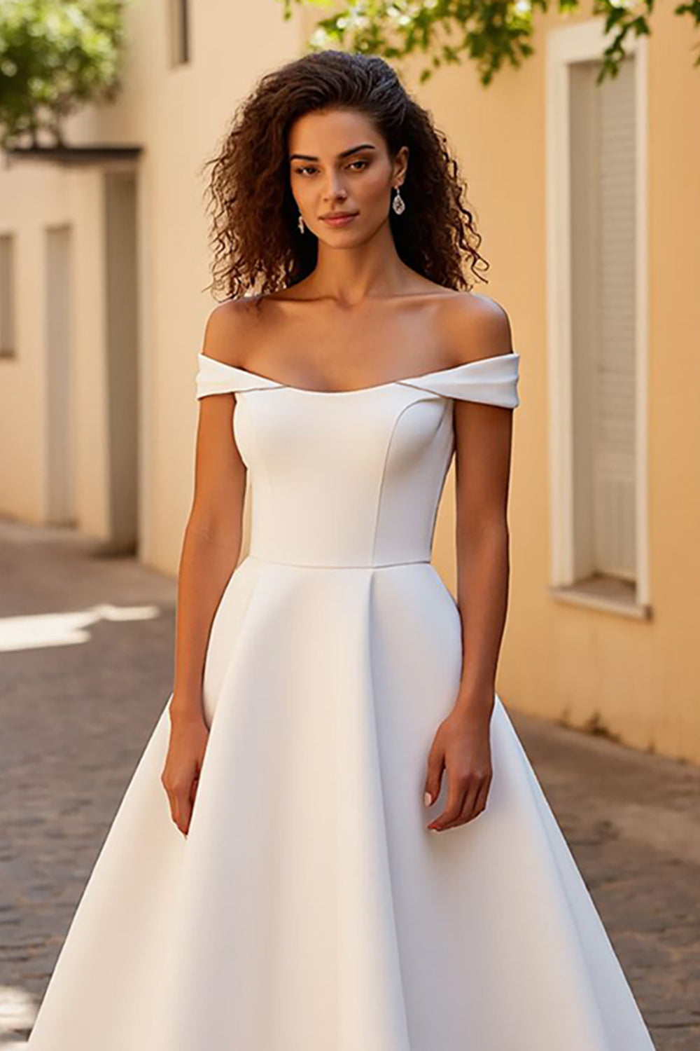 Elegant Satin Ivory Off the Shoulder A Line Sweep Train Wedding Dress