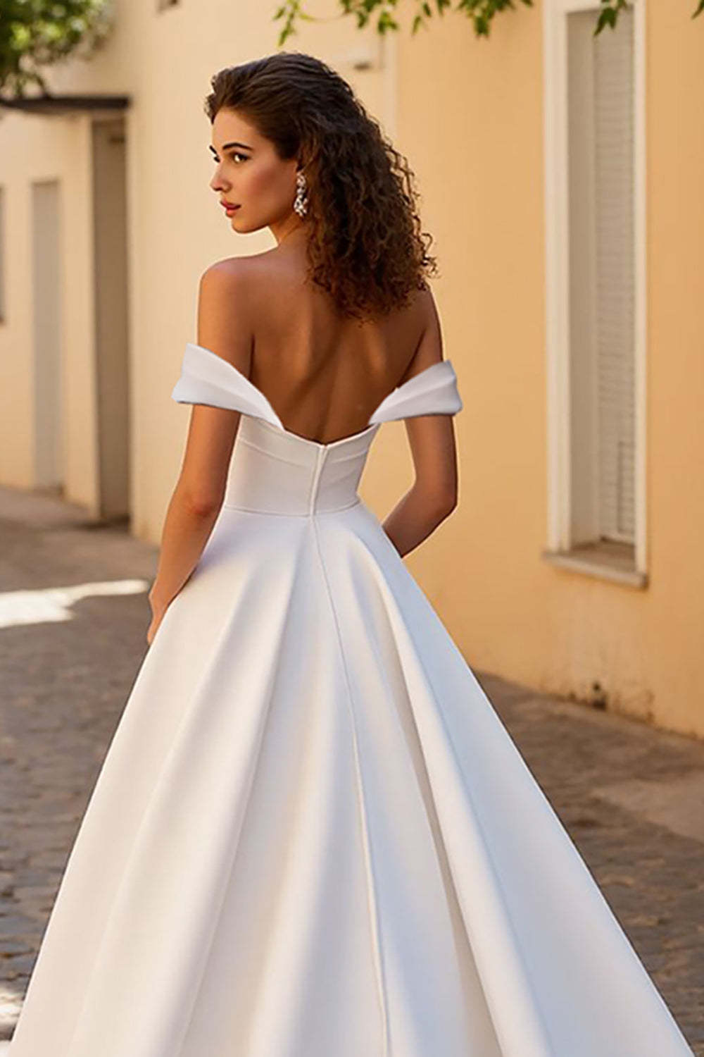Elegant Satin Ivory Off the Shoulder A Line Sweep Train Wedding Dress