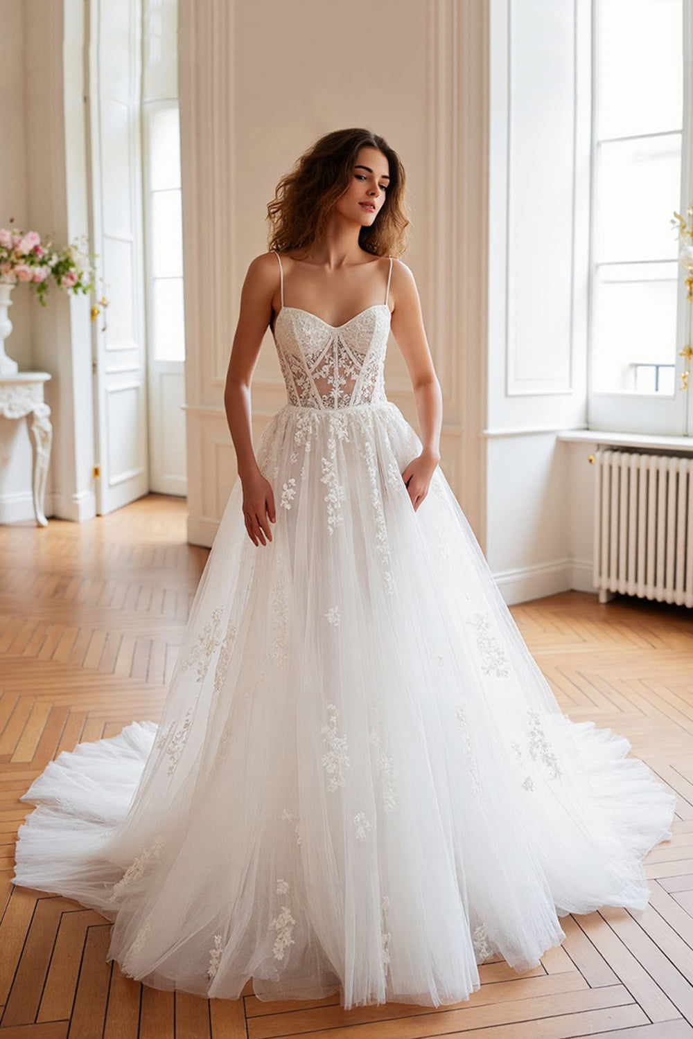 Tulle Sweep Train Ivory Corset Spaghetti Straps Wedding Dress with Appliques