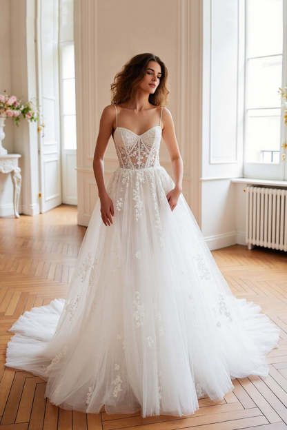 Leely Women Ivory Tulle Sweep Train Corset A Line Wedding Dress with Appliques Spaghetti Straps Lace-up Back Bridal Dress