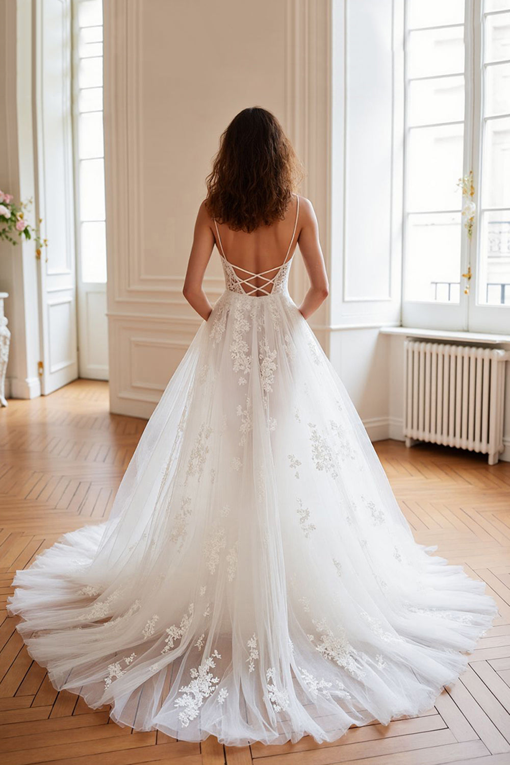 Tulle Sweep Train Ivory Corset Spaghetti Straps Wedding Dress with Appliques