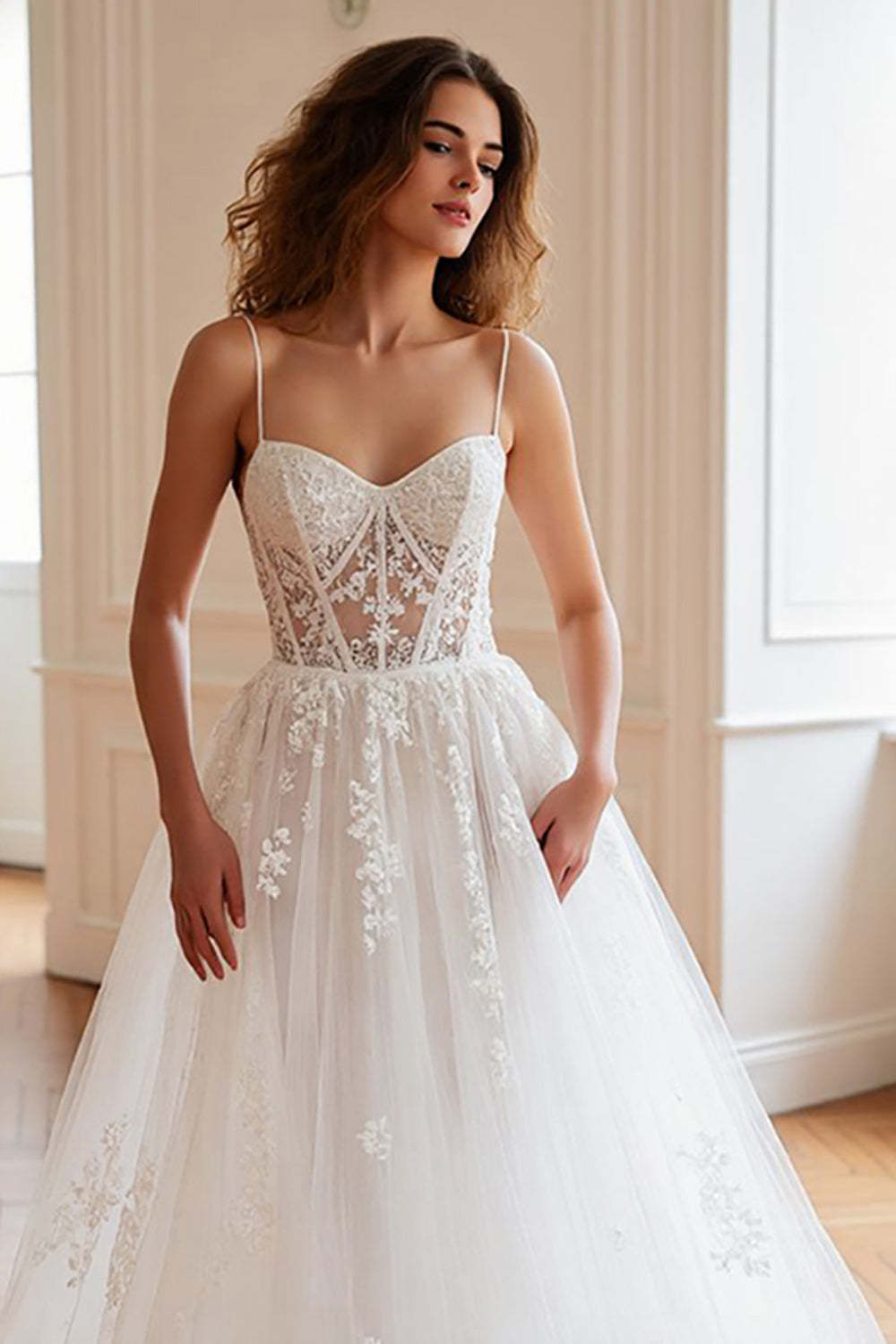 Tulle Sweep Train Ivory Corset Spaghetti Straps Wedding Dress with Appliques