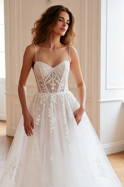 Tulle Sweep Train Ivory Corset Spaghetti Straps Wedding Dress with Appliques
