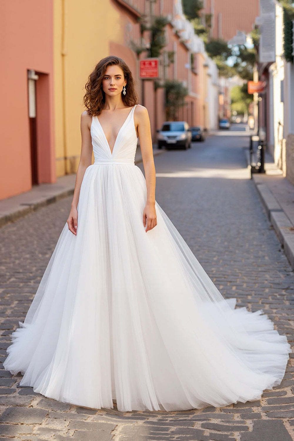 Leely Women Ivory Tulle Sweep Train Elegant Wedding Dress V-Neck A Line Backless Bridal Dress