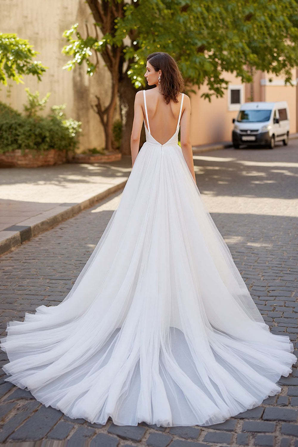 Ivory V-Neck A Line Backless Tulle Sweep Train Wedding Dress