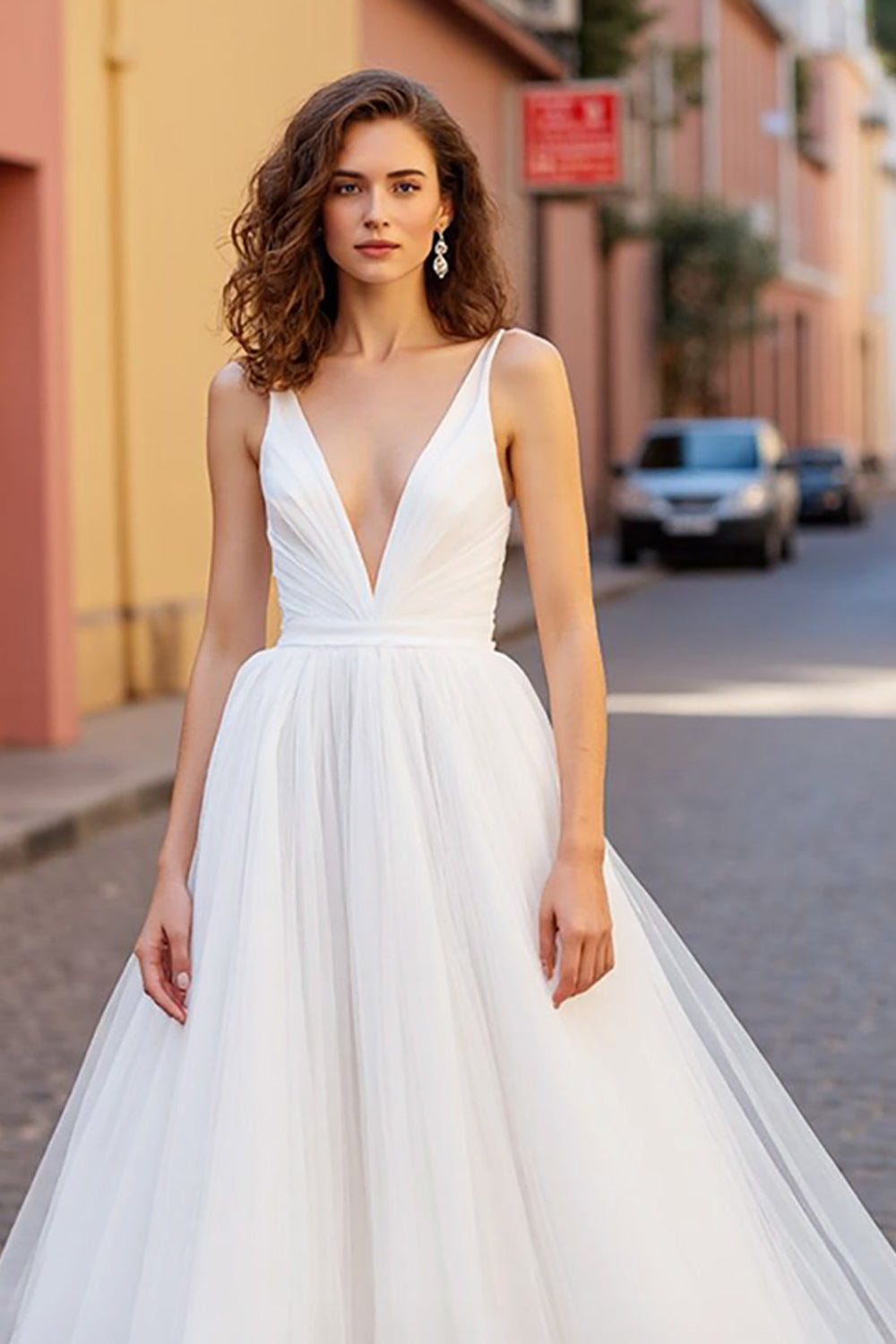 Ivory V-Neck A Line Backless Tulle Sweep Train Wedding Dress