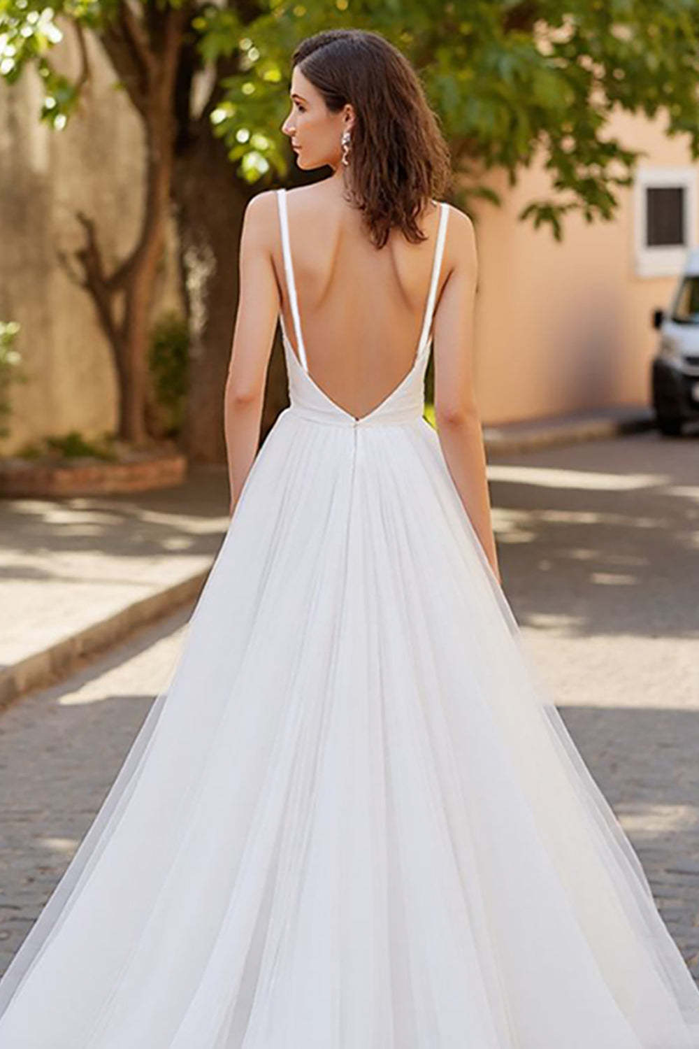 Ivory V-Neck A Line Backless Tulle Sweep Train Wedding Dress