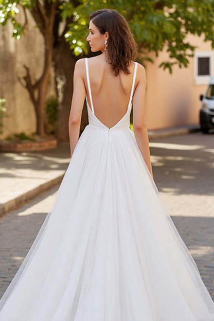 Ivory V-Neck A Line Backless Tulle Sweep Train Wedding Dress