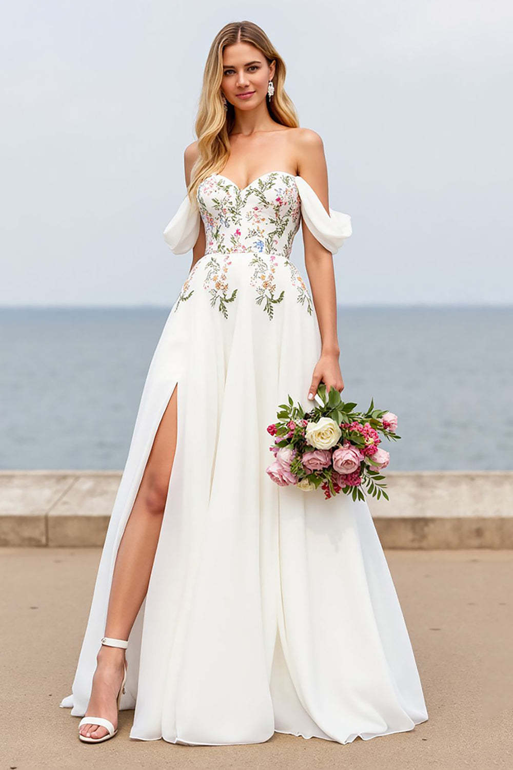 Leely Women Ivory Floral Sweep Train Chiffon Beach Wedding Dress with Slit Off the Shoulder A Line Appliqued Bridal Dress