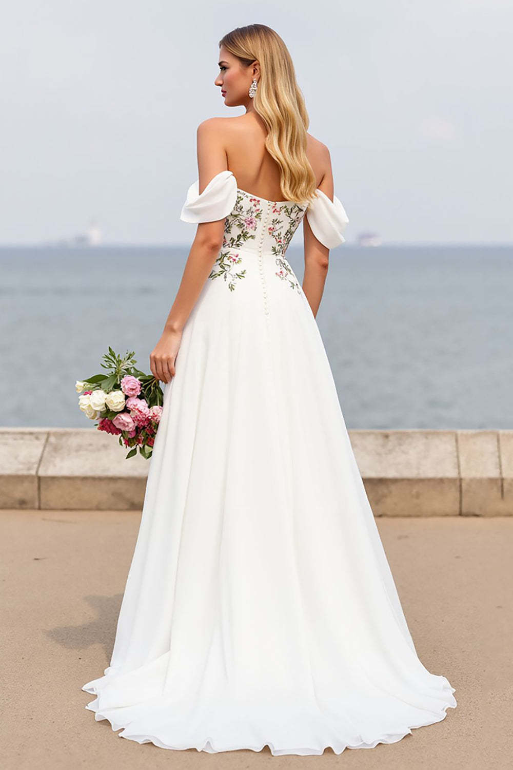 Ivory A Line Floral Sweep Train Chiffon Wedding Dress with Slit