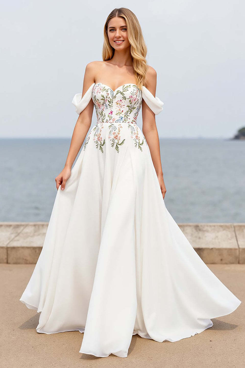 Ivory A Line Floral Sweep Train Chiffon Wedding Dress with Slit