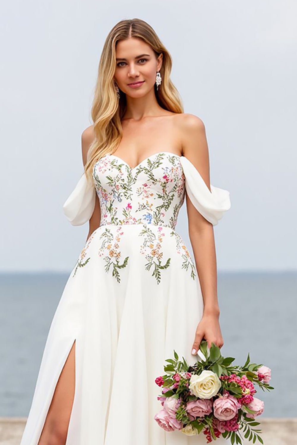 Ivory A Line Floral Sweep Train Chiffon Wedding Dress with Slit