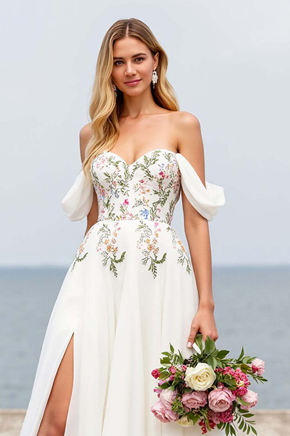 Ivory A Line Floral Sweep Train Chiffon Wedding Dress with Slit