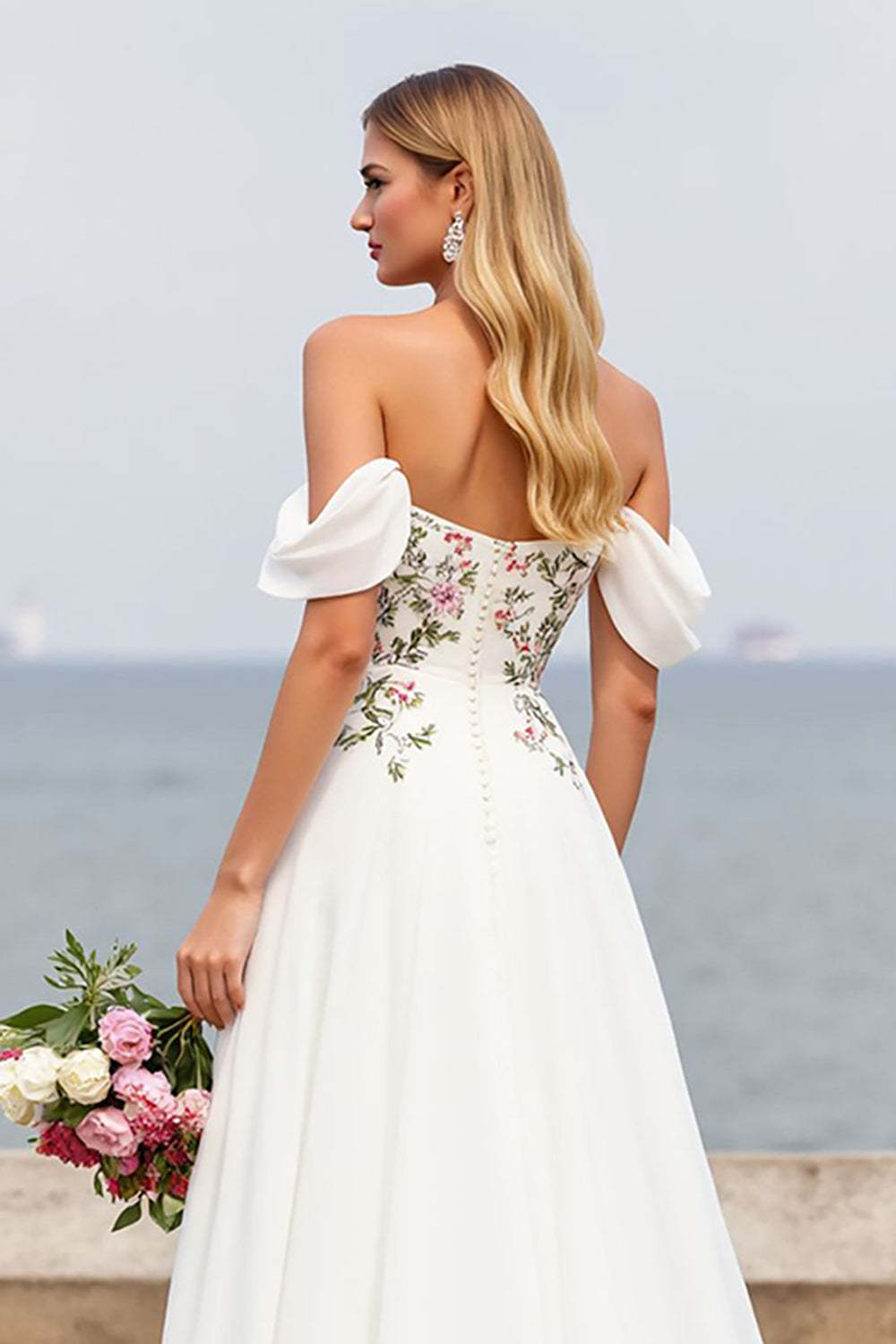 Ivory A Line Floral Sweep Train Chiffon Wedding Dress with Slit