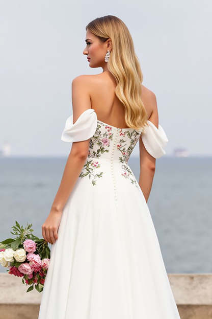 Ivory A Line Floral Sweep Train Chiffon Wedding Dress with Slit