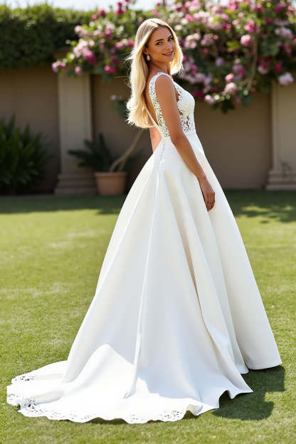 Satin Ivory A Line V-Neck Sweep Train Wedding Dress with Lace