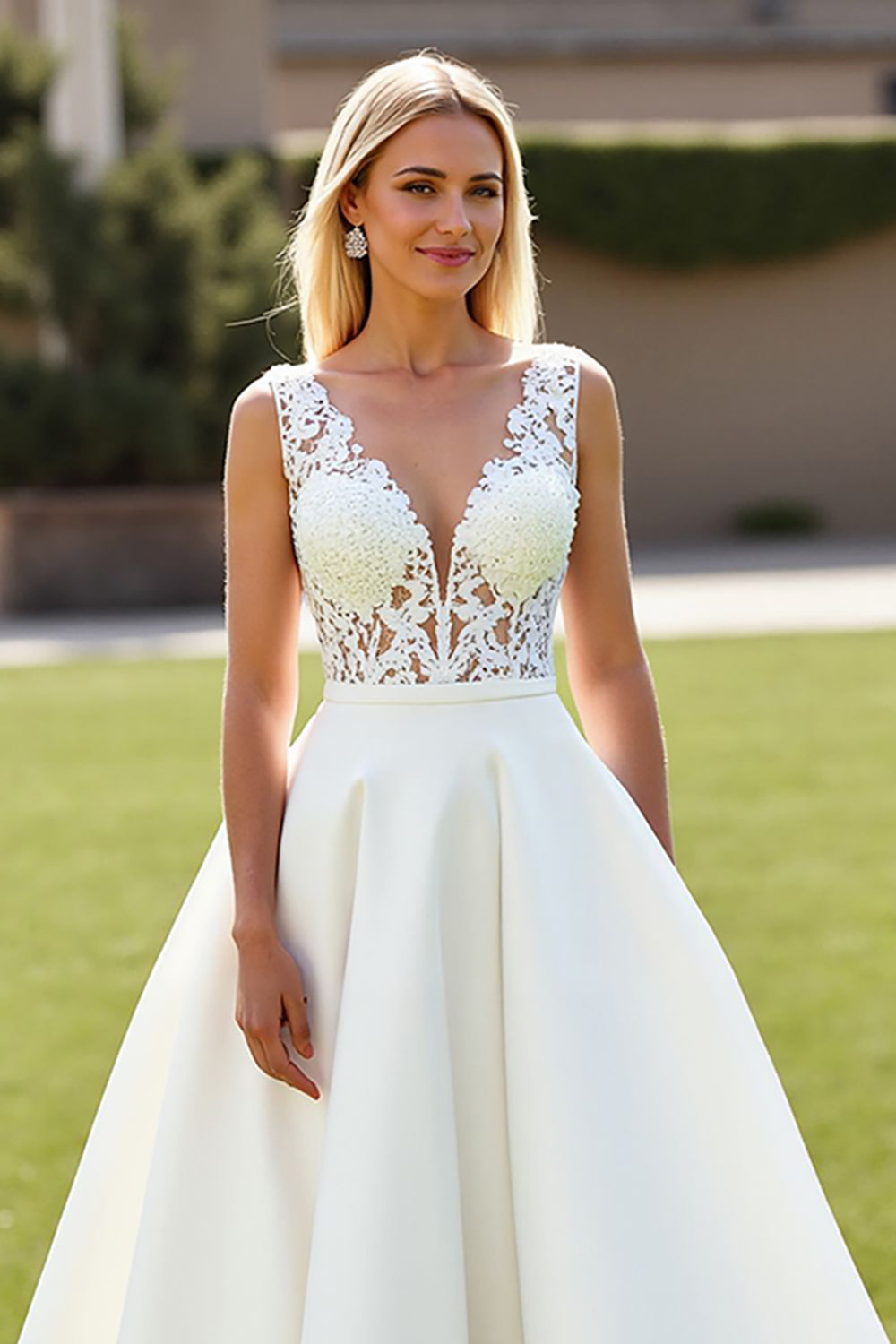 Satin Ivory A Line V-Neck Sweep Train Wedding Dress with Lace