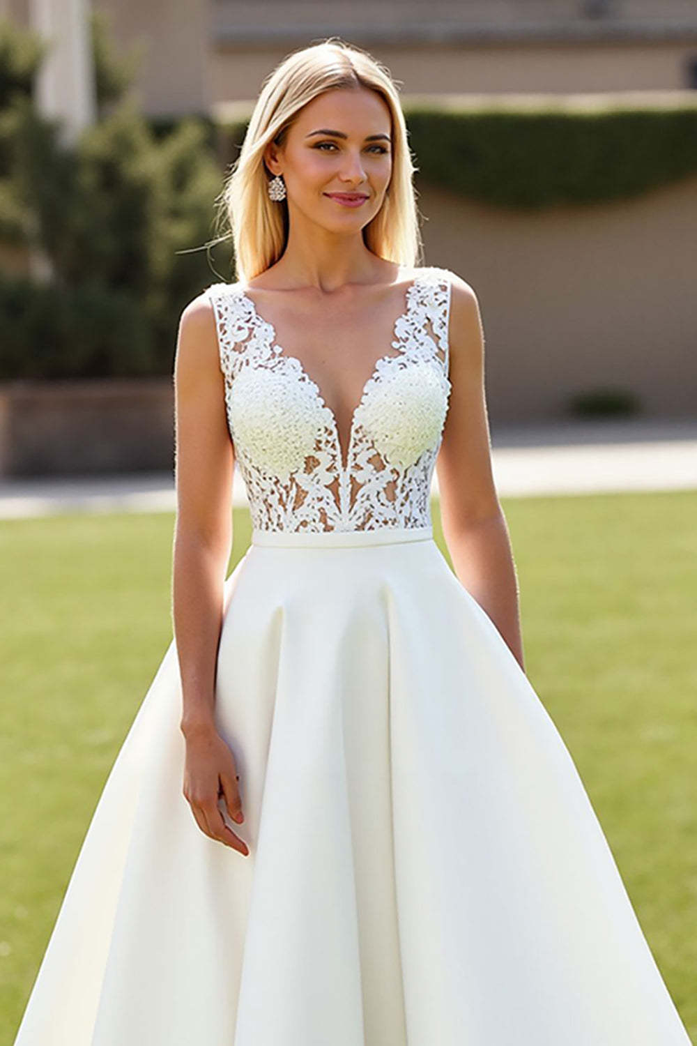 Satin Ivory A Line V-Neck Sweep Train Wedding Dress with Lace