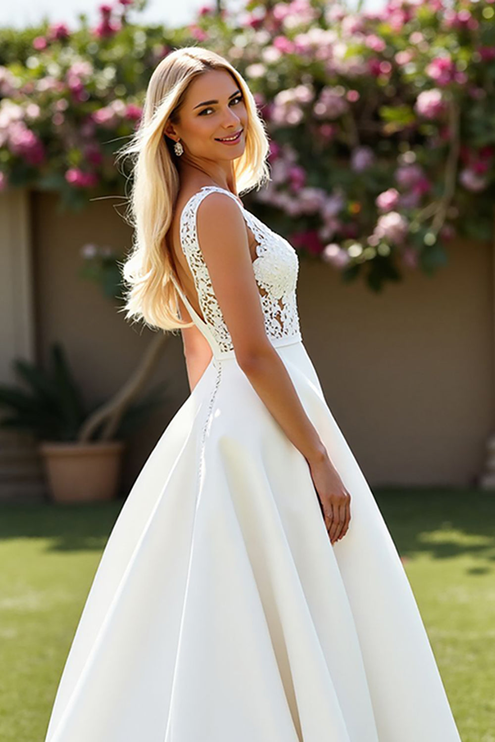 Satin Ivory A Line V-Neck Sweep Train Wedding Dress with Lace