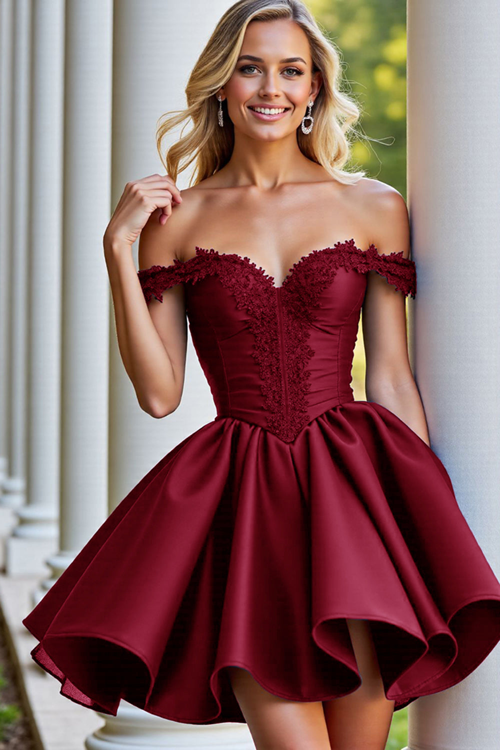 Burgundy A Line Satin Corset Short Homecoming Dress with Appliques