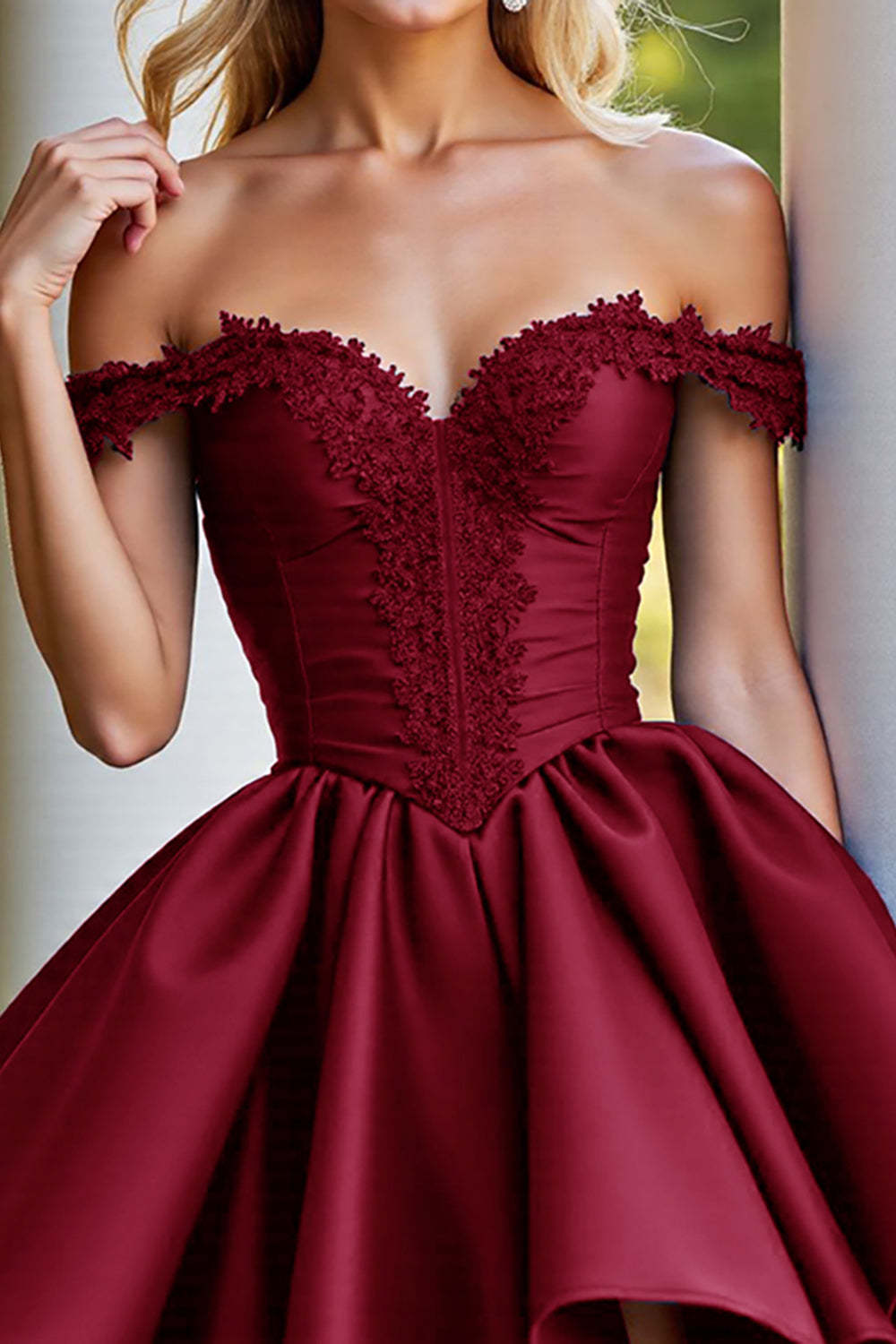 Burgundy A Line Satin Corset Short Homecoming Dress with Appliques