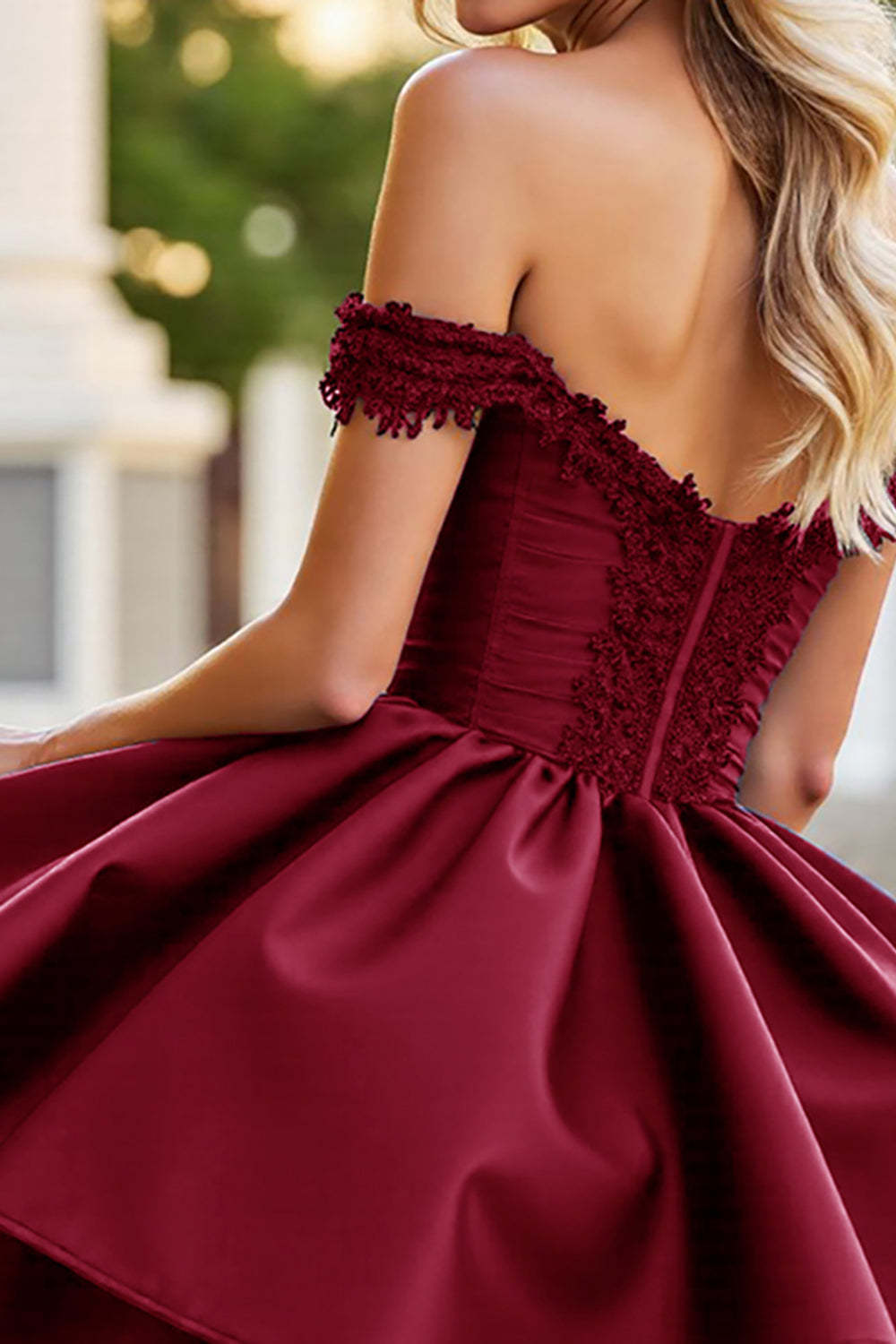 Burgundy A Line Satin Corset Short Homecoming Dress with Appliques