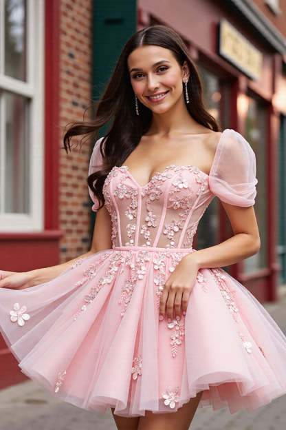 Leely Women Blush Corset Floral Tulle Short Homecoming Dress A Line Cocktail Dress with Sleeves